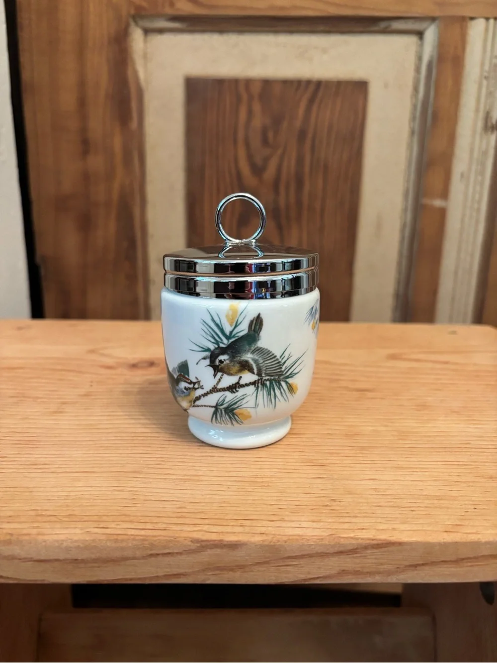 Royal Worcester Porcelain Egg Coddler Cup with Bird Illustration and Silver Lid